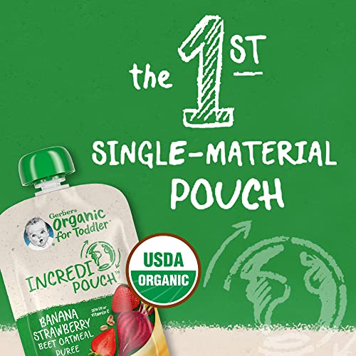 Gerber Organic Baby Food Pouches, Toddler 12+ Months, Incredipouch, Banana Strawberry Beet Oatmeal Puree, 3.17oz Pouches (Pack of 12)