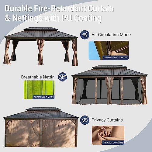12' x 18' Hardtop Gazebo, Domi Outdoor Aluminum Metal Gazebo with Curtains and Netting, Galvanized Steel Double Canopy for Patios, Deck, Backyard