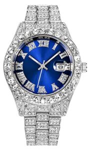 hip hop iced out men's rhinestone watch diamond analog quartz watch (blue)