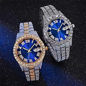 Hip Hop Iced Out Men's Rhinestone Watch Diamond Analog Quartz Watch (Blue)