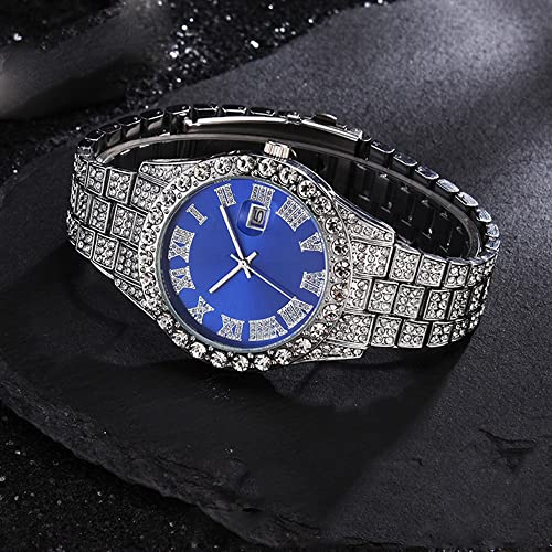 Hip Hop Iced Out Men's Rhinestone Watch Diamond Analog Quartz Watch (Blue)