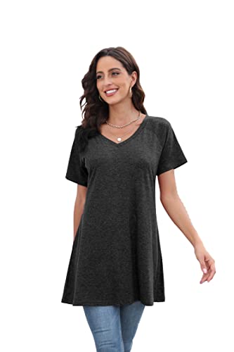 KKG Long Tunics for Women to Wear with Leggings, Short Sleeve Long Tops  to wear with Leggings V Neck Plus Size Summer Shirt Black