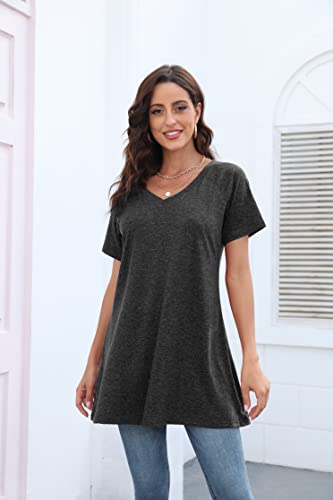 KKG Long Tunics for Women to Wear with Leggings, Short Sleeve Long Tops  to wear with Leggings V Neck Plus Size Summer Shirt Black