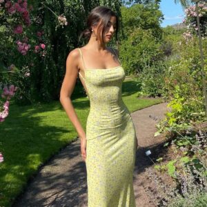 Women Cutout Backless Maxi Dress Sexy Sleeveless Split Cocktail Dresses Bodycon Spaghetti Strap Long Dress Party(Floral Yellow,S)