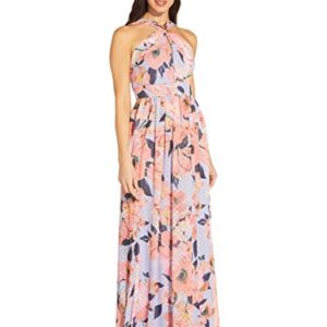 Adrianna Papell Women's Printed Chiffon Halter Gown, Opal/Coral Multi, 14