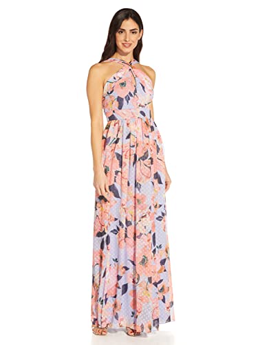 Adrianna Papell Women's Printed Chiffon Halter Gown, Opal/Coral Multi, 14