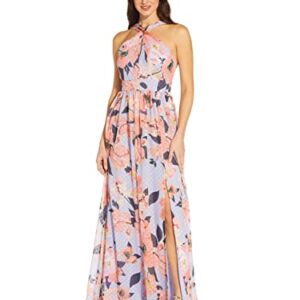 Adrianna Papell Women's Printed Chiffon Halter Gown, Opal/Coral Multi, 14