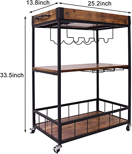 Fleecy day Bar Carts for Home,Bar Serving Cart 3-Tier Rustic Wood with Wine Rack and Glass Holder,Beverage Cart with Wheels and Metal Serving Trolley 34in