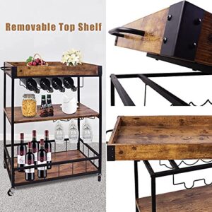 Fleecy day Bar Carts for Home,Bar Serving Cart 3-Tier Rustic Wood with Wine Rack and Glass Holder,Beverage Cart with Wheels and Metal Serving Trolley 34in