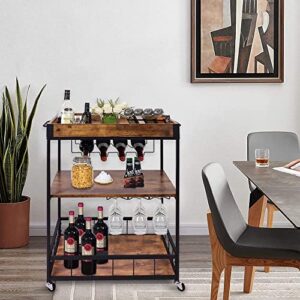 Fleecy day Bar Carts for Home,Bar Serving Cart 3-Tier Rustic Wood with Wine Rack and Glass Holder,Beverage Cart with Wheels and Metal Serving Trolley 34in