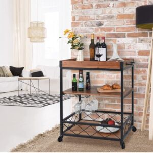 Fleecy day Bar Carts for Home,Bar Serving Cart 3-Tier Rustic Wood with Wine Rack and Glass Holder,Beverage Cart with Wheels and Metal Serving Trolley 34in