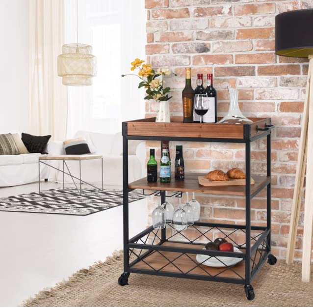 Fleecy day Bar Carts for Home,Bar Serving Cart 3-Tier Rustic Wood with Wine Rack and Glass Holder,Beverage Cart with Wheels and Metal Serving Trolley 34in