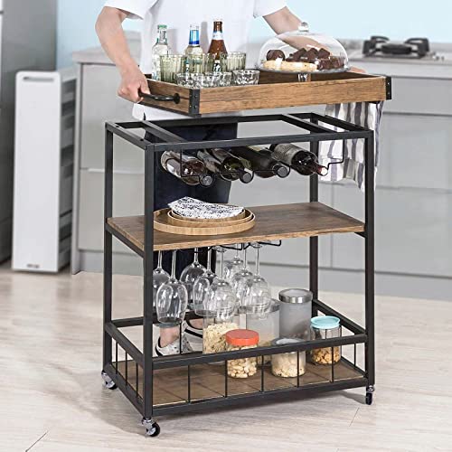 Fleecy day Bar Carts for Home,Bar Serving Cart 3-Tier Rustic Wood with Wine Rack and Glass Holder,Beverage Cart with Wheels and Metal Serving Trolley 34in