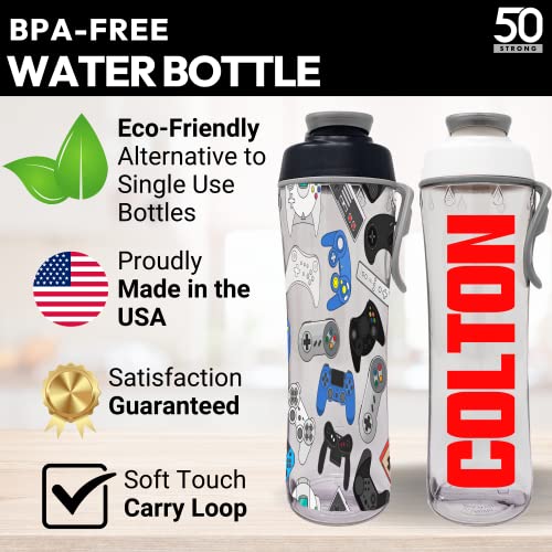 50 Strong Kids Water Bottle with Times to Drink | 24oz BPA-Free Reusable Water Bottles with Time Marker | Durable Plastic Design Perfect for School | Leakproof Chug Cap & Carry Loop | Made in USA