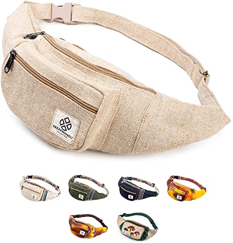 Freakmandu Eco-Friendly Boho Hippie Style Hemp Fanny Pack White Hip Waist Bag for Hiking Running Jogging (Nirvana)