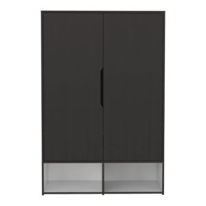 bamboo armoire with double door cabinets, 6 inner shelves, 2 open shelves, and hanging rod, black/white