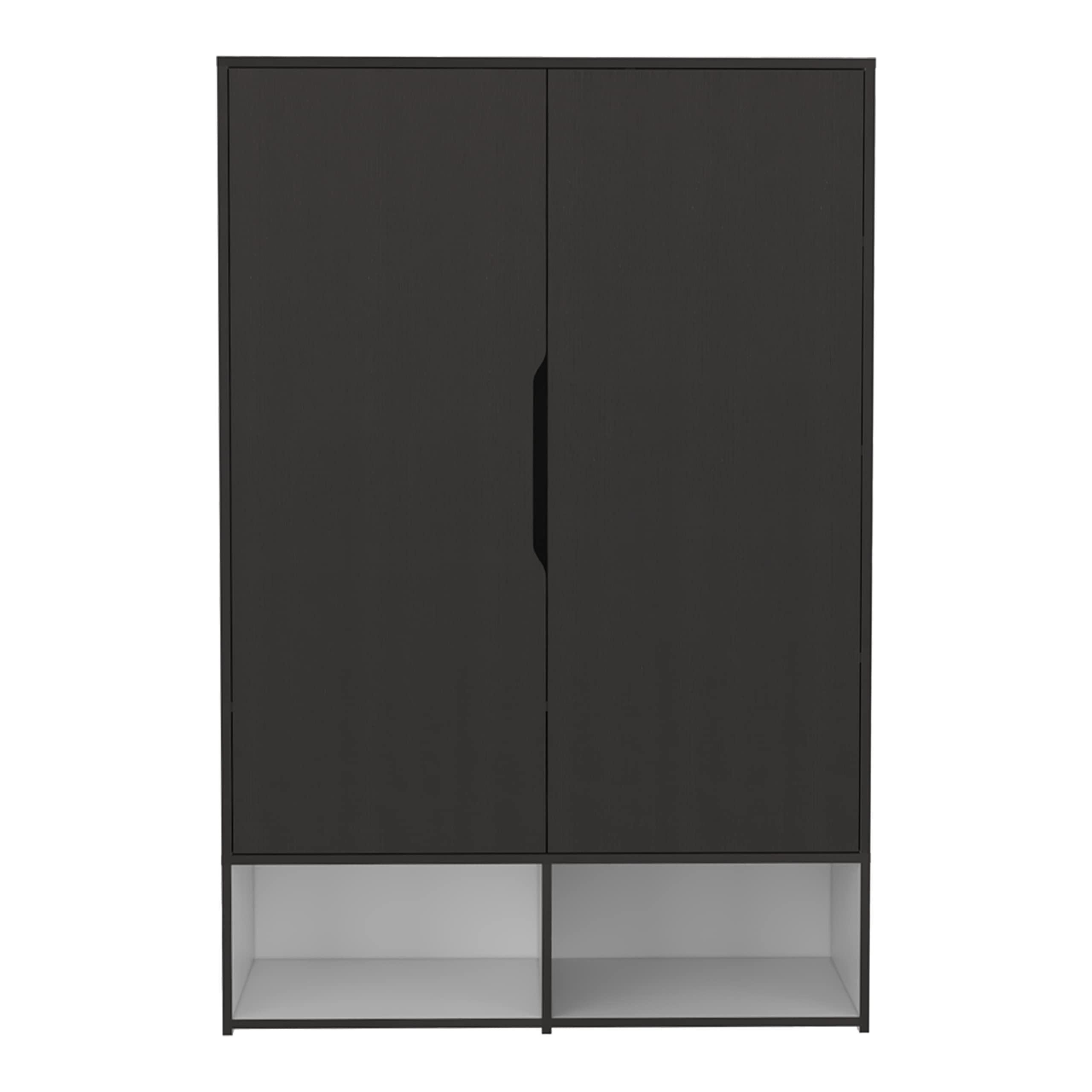 Bamboo Armoire with Double Door Cabinets, 6 Inner Shelves, 2 Open Shelves, and Hanging Rod, Black/White