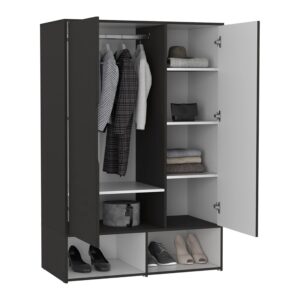 Bamboo Armoire with Double Door Cabinets, 6 Inner Shelves, 2 Open Shelves, and Hanging Rod, Black/White