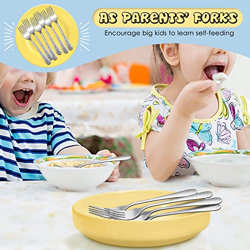 Stainless Steel Kids Forks, E-far 6-Piece Toddlers Forks Safe for Preschooler/Children, Hammered Adult look & Small Size, Rust Free & Dishwasher Safe