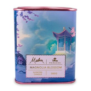 disney princess home collection mulan 11-ounce scented tea tin candle with magnolia blossom fragrance | 28-hour burn time | home decor housewarming essentials, cute gifts and collectibles
