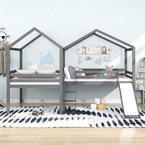 ath-s l-shape loft beds full house loft bed with slide low loft bed frame for 2, wood gray playhouse loft bed for girls boys teens (color : gray full house bed)