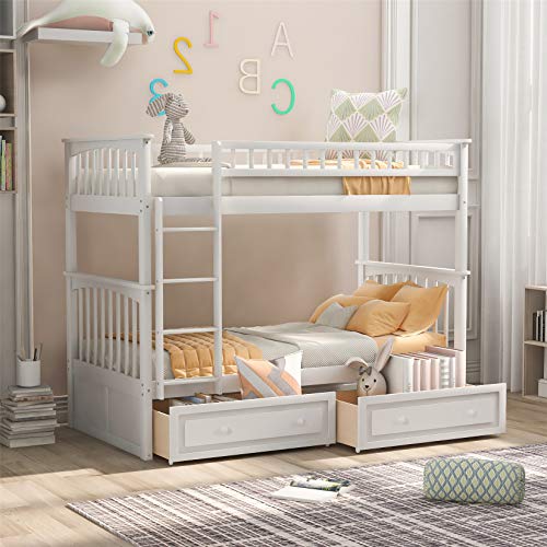 ATH-S Bunk Beds Full Over Full with Drawers, Solid Wood Full Bunk Beds with Ladder for Boys Girls Teens Adults, Gray (Color : Twin White)