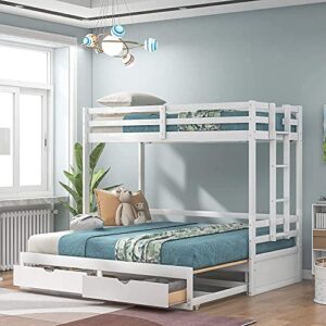 ath-s extendable bunk bed with trundle, wooden twin over twin/full/king bunk bed, convert bunk bed with storage drawers (color : white)