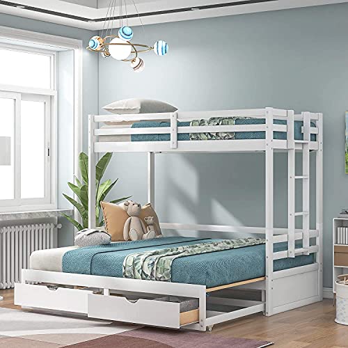 ATH-S Extendable Bunk Bed with Trundle, Wooden Twin Over Twin/Full/King Bunk Bed, Convert Bunk Bed with Storage Drawers (Color : White)