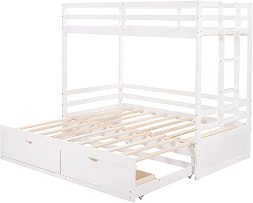 ATH-S Extendable Bunk Bed with Trundle, Wooden Twin Over Twin/Full/King Bunk Bed, Convert Bunk Bed with Storage Drawers (Color : White)