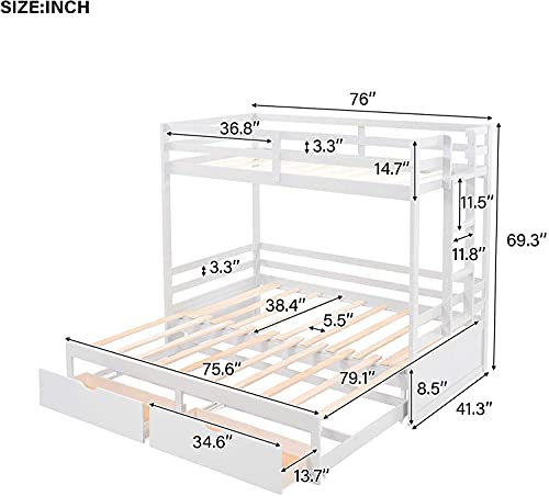 ATH-S Extendable Bunk Bed with Trundle, Wooden Twin Over Twin/Full/King Bunk Bed, Convert Bunk Bed with Storage Drawers (Color : White)