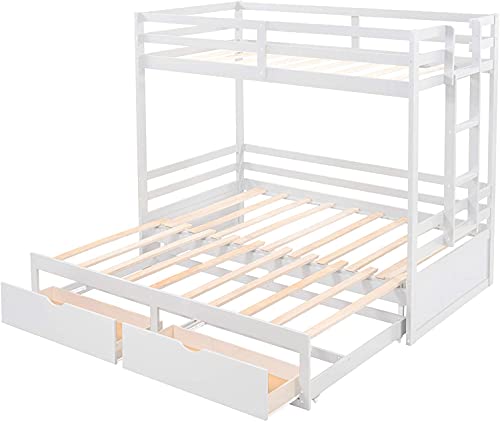 ATH-S Extendable Bunk Bed with Trundle, Wooden Twin Over Twin/Full/King Bunk Bed, Convert Bunk Bed with Storage Drawers (Color : White)