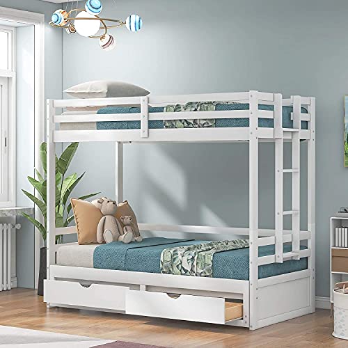 ATH-S Extendable Bunk Bed with Trundle, Wooden Twin Over Twin/Full/King Bunk Bed, Convert Bunk Bed with Storage Drawers (Color : White)