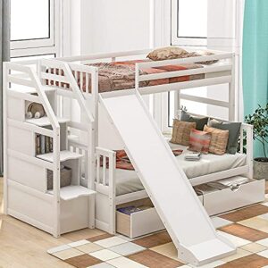 ath-s twin over full bunk bed with slide, twin over full bunk bed with storage drawers and stairscase, wood bunk bed frame with guardrails for kids boys girls teens adults, no box spring needed, white