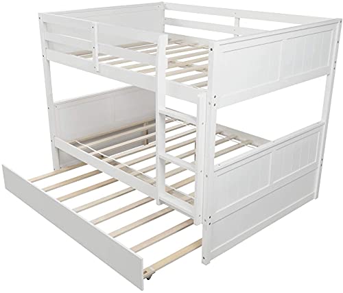 ATH-S Full Over Full Bunk Bed with Trundle, Solid Wood Bunk Beds with Full-Length Safety Guard Rail and Ladder, Can be Separated to 2 Full Size Platform Beds, for, Teens and Adults (Espresso, New)