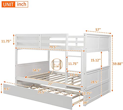 ATH-S Full Over Full Bunk Bed with Trundle, Solid Wood Bunk Beds with Full-Length Safety Guard Rail and Ladder, Can be Separated to 2 Full Size Platform Beds, for, Teens and Adults (Espresso, New)