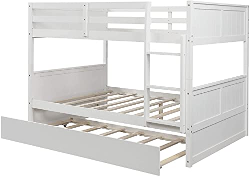 ATH-S Full Over Full Bunk Bed with Trundle, Solid Wood Bunk Beds with Full-Length Safety Guard Rail and Ladder, Can be Separated to 2 Full Size Platform Beds, for, Teens and Adults (Espresso, New)