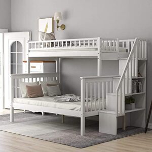 ath-s bunk beds twin over twin wood bunk bed frame for boys girls teens, can be divided into 2 beds, gray (color : white, size : twin over full)