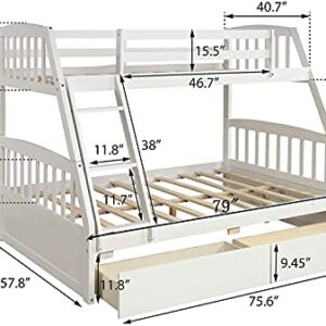 ATH-S Twin Over Twin Bunk Bed for Boys Girls Teens Adults, Solid Wood Bunk Bed Frame with Trundle and Drawers, No Box Spring Needed, White (Color : White with Drawers, Size : Twin Over Full)