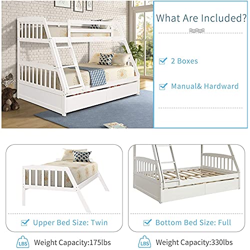 ATH-S Twin Over Twin Bunk Bed for Boys Girls Teens Adults, Solid Wood Bunk Bed Frame with Trundle and Drawers, No Box Spring Needed, White (Color : White with Drawers, Size : Twin Over Full)