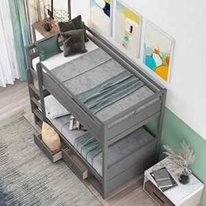 ATH-S Twin Over Twin Bunk Bed, Bunk Bed Frame with Storage Drawers, Wooden Twin bunk Bed with Safety Rail Ladder, Grey (Color : Grey with Trundle, Size : Full Over Full)