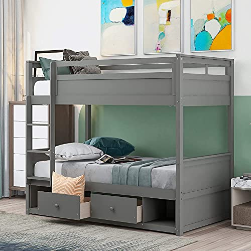 ATH-S Twin Over Twin Bunk Bed, Bunk Bed Frame with Storage Drawers, Wooden Twin bunk Bed with Safety Rail Ladder, Grey (Color : Grey with Trundle, Size : Full Over Full)