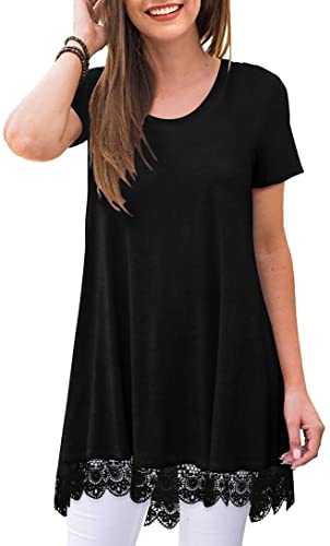 POPYOUNG Women's Summer Casual Short Sleeve Tunic Top for Leggings Crewneck Shirt Loose Blouse, Lace Hem, XXL, Black