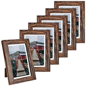 beyahela 4x6 picture frame set of 6, rustic farmhouse 4 x 6 frame bulk with mat, distressed wooden photo frame for table top display and wall mounting rustic picture frame with hd glass (brown)