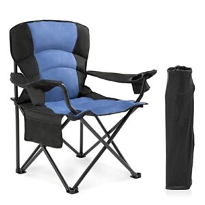 oversized folding camping chair outdoor, heavy duty foldable lawn chair for adults support 440lbs, collapsible large padded camp chair with cup holder&carry bag for fishing outside sports picnic(navy)