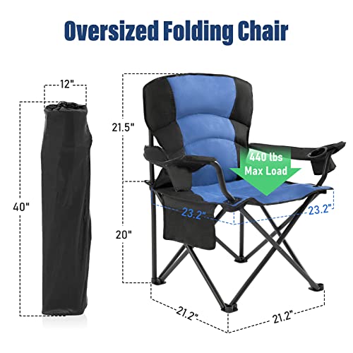 Oversized Folding Camping Chair Outdoor, Heavy Duty Foldable Lawn chair for Adults Support 440lbs, Collapsible Large Padded Camp Chair with Cup Holder&Carry Bag for Fishing Outside Sports Picnic(Navy)