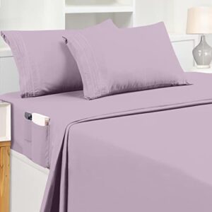 Utopia Bedding Queen Sheet Set – Soft Microfiber 4 Piece Luxury Bed Sheets with Deep Pockets - Embroidered Pillow Cases - Side Storage Pocket Fitted Sheet - Flat Sheet (Lavender)