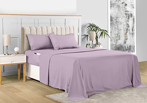 Utopia Bedding Queen Sheet Set – Soft Microfiber 4 Piece Luxury Bed Sheets with Deep Pockets - Embroidered Pillow Cases - Side Storage Pocket Fitted Sheet - Flat Sheet (Lavender)