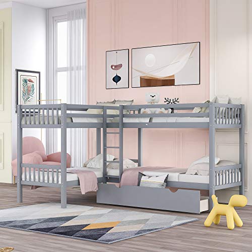 ATH-S Wood Triple Bunk Bed Full Over Twin &Twin Bunk Beds for 3, Wooden Triple Beds Frame with Drawers and Guardrails for Teens, Adults, No Box Spring Needed (White/Grey) (Color : Gray)