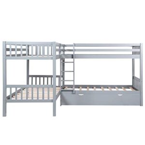 ATH-S Wood Triple Bunk Bed Full Over Twin &Twin Bunk Beds for 3, Wooden Triple Beds Frame with Drawers and Guardrails for Teens, Adults, No Box Spring Needed (White/Grey) (Color : Gray)