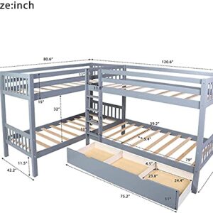 ATH-S Wood Triple Bunk Bed Full Over Twin &Twin Bunk Beds for 3, Wooden Triple Beds Frame with Drawers and Guardrails for Teens, Adults, No Box Spring Needed (White/Grey) (Color : Gray)